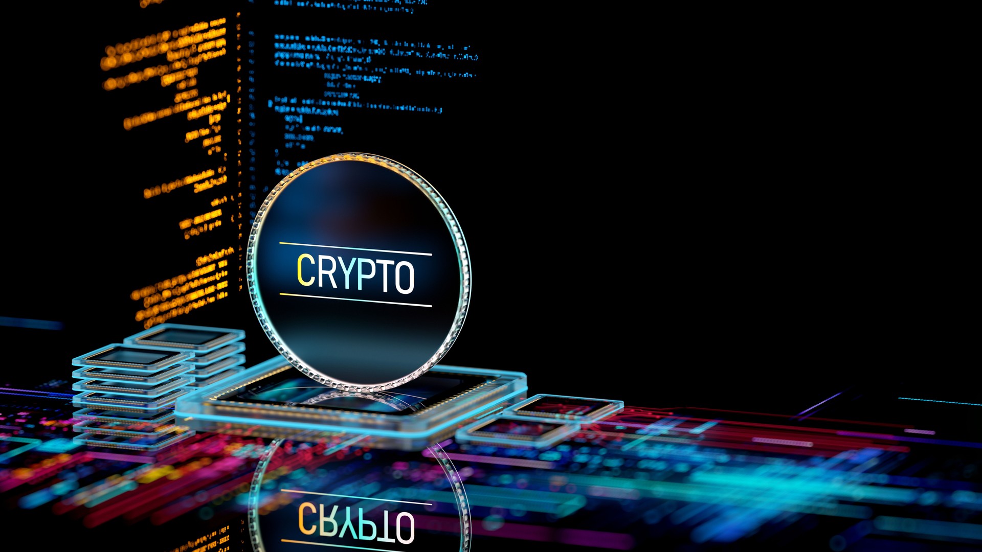 Abstract cryptocurrency coin on CPU with data and code . Crypto payments. Crypto Wallet.