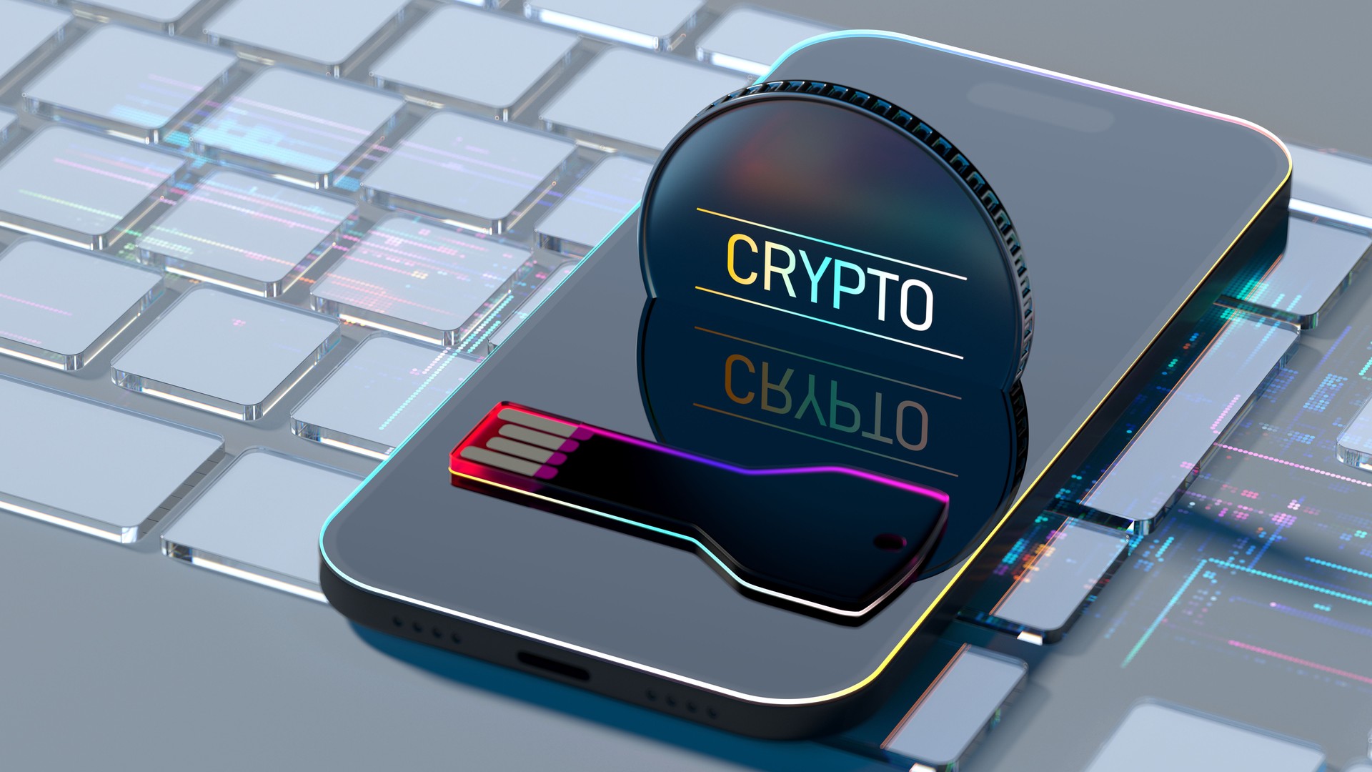 Crypto payments. Coin and USB crypto wallet key on smartphone background. data and innovation cryptocurrency  technology